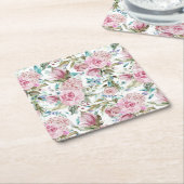 ヴィンテージの国のシックなピンクのティール（緑がかった色）のラベンダーの花柄 スクエアペーパーコースター (アングル)