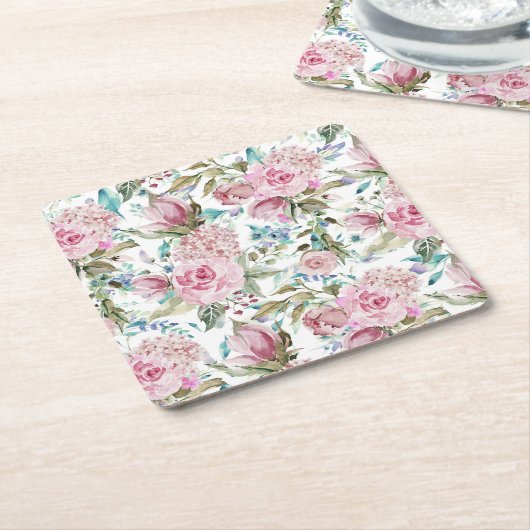 ヴィンテージの国のシックなピンクのティール（緑がかった色）のラベンダーの花柄 スクエアペーパーコースター (アングル)