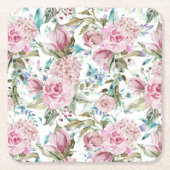 ヴィンテージの国のシックなピンクのティール（緑がかった色）のラベンダーの花柄 スクエアペーパーコースター (正面)