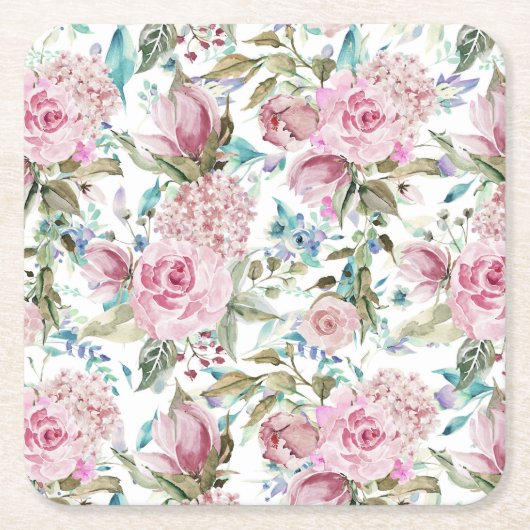 ヴィンテージの国のシックなピンクのティール（緑がかった色）のラベンダーの花柄 スクエアペーパーコースター (正面)