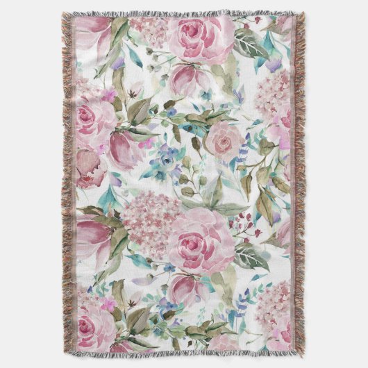 ヴィンテージの国のシックなピンクのティール(緑がかった色)のラベンダーの花柄 スローブランケット (正面縦)