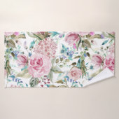 ヴィンテージの国のシックなピンクのティール(緑がかった色)のラベンダーの花柄 バスタオル (バスタオル)