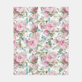 ヴィンテージの国のシックなピンクのティール(緑がかった色)のラベンダーの花柄 フリースブランケット (正面)