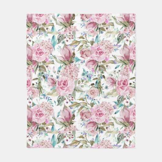 ヴィンテージの国のシックなピンクのティール(緑がかった色)のラベンダーの花柄 フリースブランケット (正面)