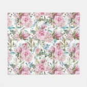 ヴィンテージの国のシックなピンクのティール(緑がかった色)のラベンダーの花柄 フリースブランケット (正面(横))