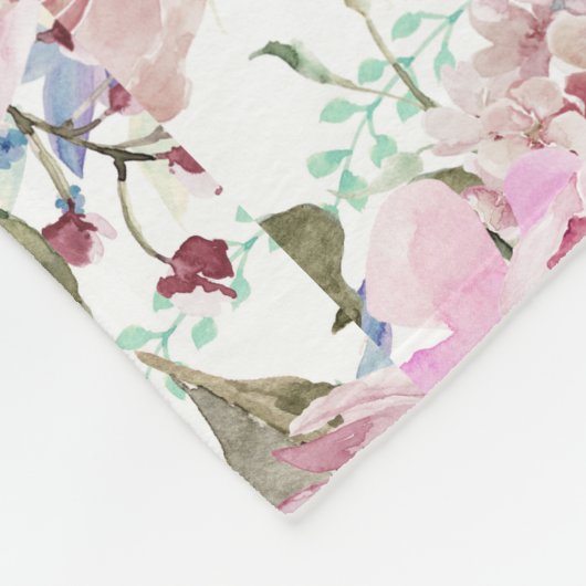 ヴィンテージの国のシックなピンクのティール(緑がかった色)のラベンダーの花柄 フリースブランケット (角)