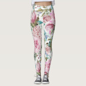 ヴィンテージの国のシックなピンクのティール（緑がかった色）のラベンダーの花柄 レギンス (正面)