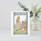 ヴィンテージの国の女の子とイースターバニー&チックス シーズンポストカード (スタンド正面)