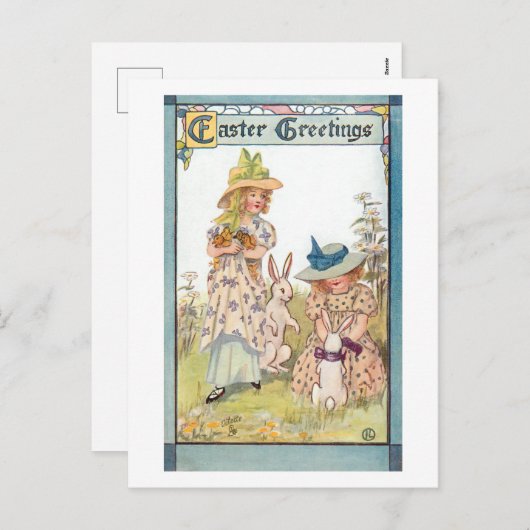 ヴィンテージの国の女の子とイースターバニー&チックス シーズンポストカード (正面/裏面)