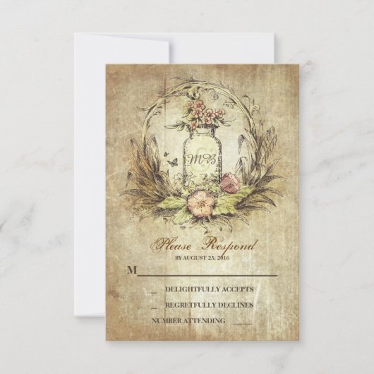 ヴィンテージの国のRSVPを結婚する素朴なメーソンジャー 出欠カード (正面)