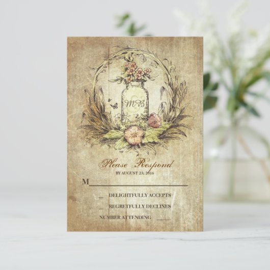 ヴィンテージの国のRSVPを結婚する素朴なメーソンジャー 出欠カード (スタンド正面)