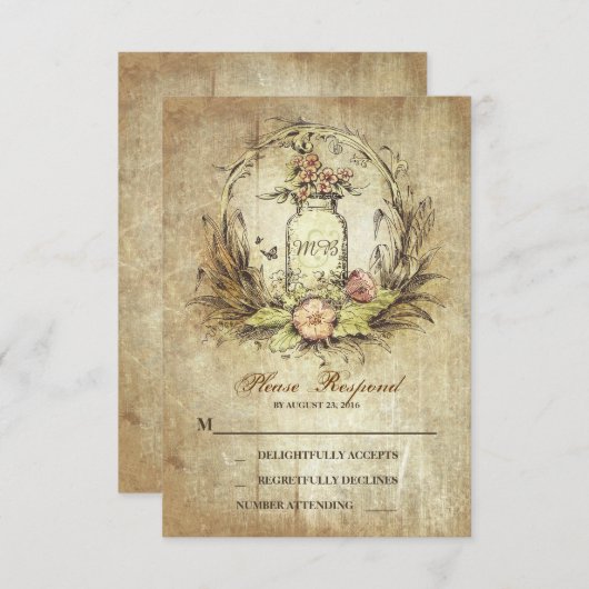 ヴィンテージの国のRSVPを結婚する素朴なメーソンジャー 出欠カード (正面/裏面)