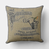 ヴィンテージの園芸じょうろのロビンのバーラップ クッション (裏面)