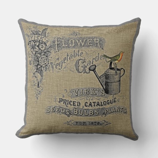 ヴィンテージの園芸じょうろのロビンのバーラップ クッション (正面)