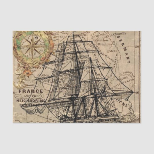 ヴィンテージの地図および船 薄葉紙 (正面)