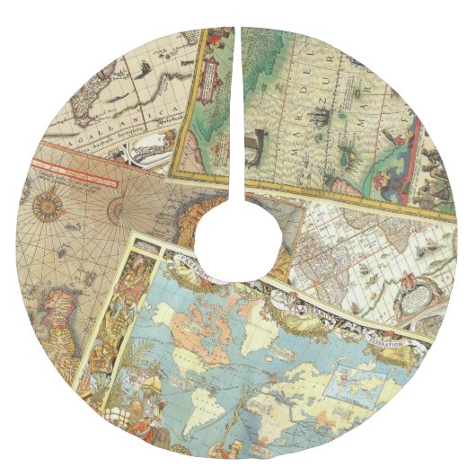 ヴィンテージの地図のプリント ブラッシュドポリエステルツリースカート (正面)