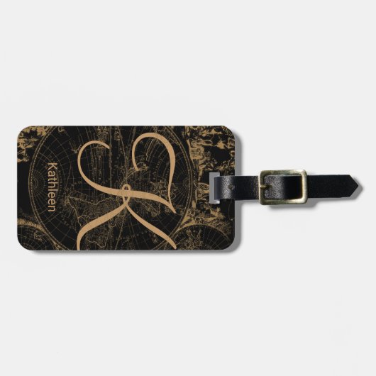 ヴィンテージの地図のモノグラムのな最初の一流の黒 ラゲッジタグ (正面横)