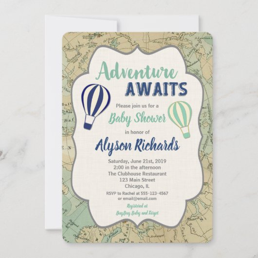 ヴィンテージの地図の冒険はベビーシャワーの招待を待ちます 招待状 (正面)