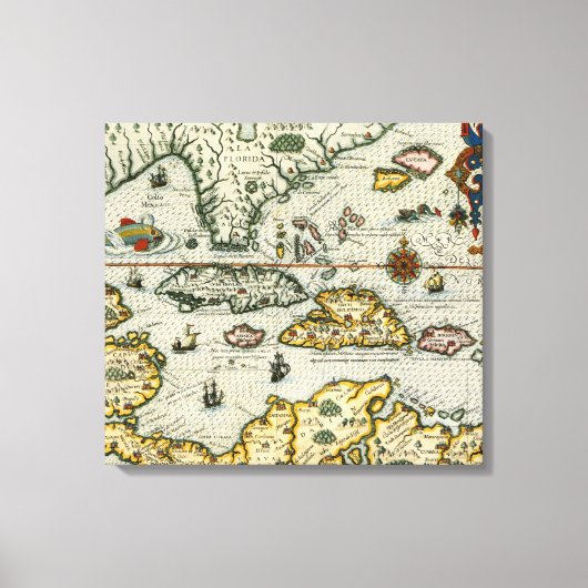 ヴィンテージの地図カリブの(1594) キャンバスプリント (正面)