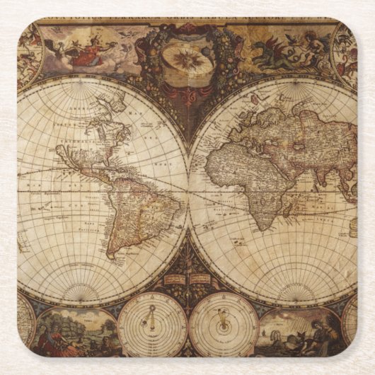 ヴィンテージの地図 スクエアペーパーコースター (正面)