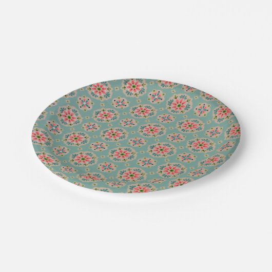 ヴィンテージの壁紙の紙皿ピンクおよび水 ペーパープレート (アングル)