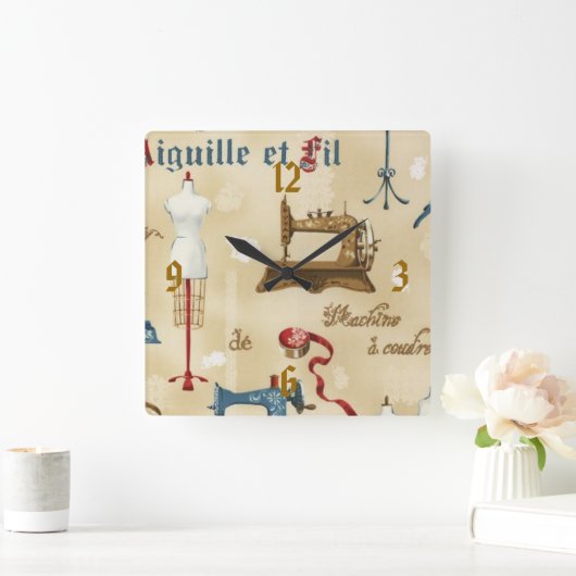 ヴィンテージの壁紙の裁縫部屋のプリントの時計 スクエア壁時計 (ホーム)