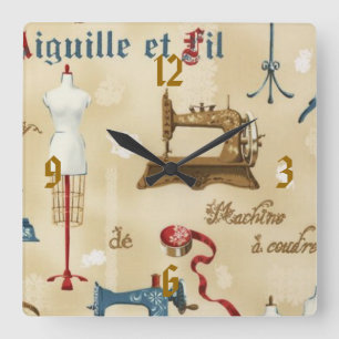 ヴィンテージの壁紙の裁縫部屋のプリントの時計 スクエア壁時計