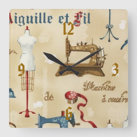 ヴィンテージの壁紙の裁縫部屋のプリントの時計 スクエア壁時計 (正面)