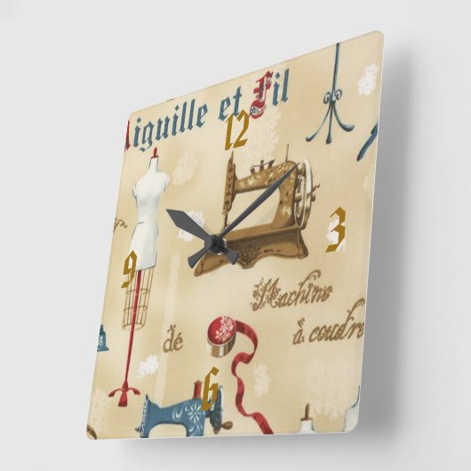 ヴィンテージの壁紙の裁縫部屋のプリントの時計 スクエア壁時計 (傾斜)