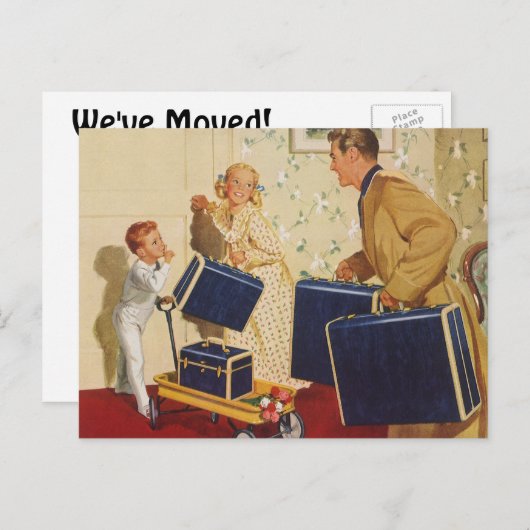 ヴィンテージの変更，スーツケースを有する家族 案内ポストカード (正面/裏面)