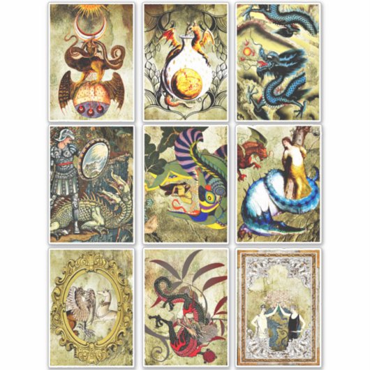 ヴィンテージの変造美術ドラゴンの魔女の童話アート シール (正面)