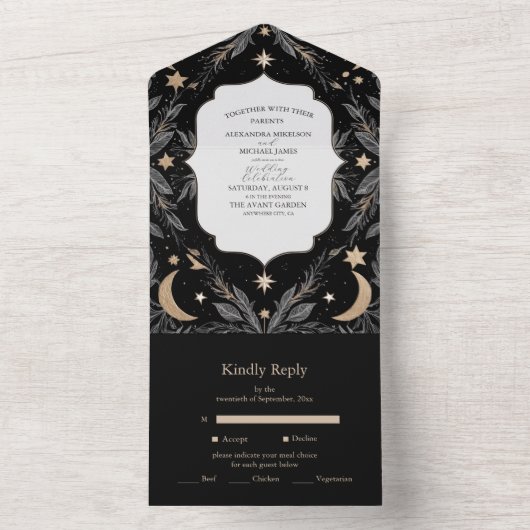 ヴィンテージの天月の星結婚星 オールインワン招待状 (内側)