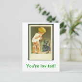 ヴィンテージの女の子およびスコットランドテリアの郵便はがき インビテーションポストカード (スタンド正面)