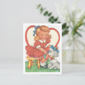 ヴィンテージの女の子およびプードルのバレンタイン シーズンポストカード (スタンド正面)