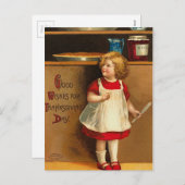 ヴィンテージの女の子が感謝祭のパイを待っている シーズンポストカード (正面/裏面)