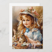 ヴィンテージの女の子でボンネットと2羽のウサギがバスケットに シーズンカード (正面/裏面)