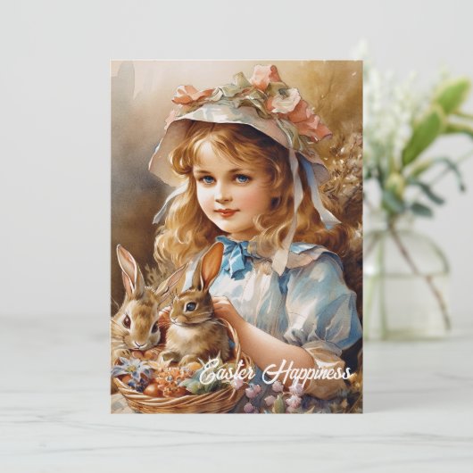 ヴィンテージの女の子でボンネットと2羽のウサギがバスケットに シーズンカード (スタンド正面)