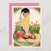 ヴィンテージの女の子とイースターバニー&エッグイースター シーズンカード (正面/裏面)