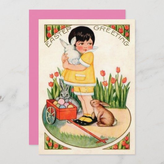 ヴィンテージの女の子とイースターバニー&エッグイースター シーズンカード (正面/裏面)