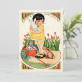 ヴィンテージの女の子とイースターバニー&エッグイースター シーズンカード (スタンド正面)