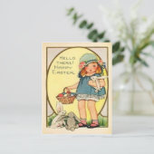 ヴィンテージの女の子とイースターバニー&エッグイースター シーズンポストカード (スタンド正面)