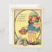 ヴィンテージの女の子とイースターバニー&エッグイースター シーズンポストカード (正面/裏面)