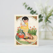 ヴィンテージの女の子とイースターバニー&エッグイースター シーズンポストカード (スタンド正面)