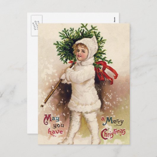ヴィンテージの女の子とクリスマスツリー，エレン・クラッサドル シーズンポストカード (正面/裏面)