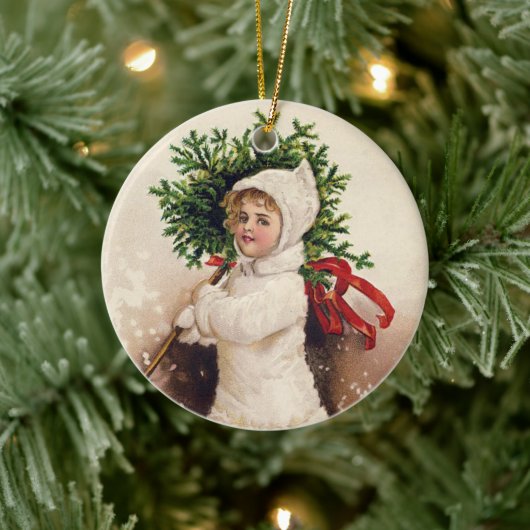 ヴィンテージの女の子とクリスマスツリー，エレン・クラッサドル セラミックオーナメント (ツリー)