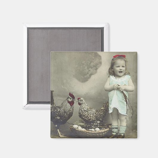 ヴィンテージの女の子とチキンマグネット マグネット (正面/裏面)