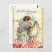 ヴィンテージの女の子とバラと卵イースターグリーティング ポストカード (正面/裏面)