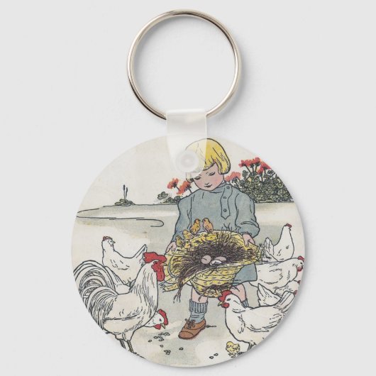 ヴィンテージの女の子と鶏、Eは卵 キーホルダー (正面)