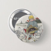 ヴィンテージの女の子と鶏、Eは卵 缶バッジ (正面&裏面)