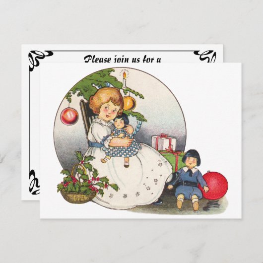 ヴィンテージの女の子の人形クリスマスパーティの招待状 招待状 (正面/裏面)